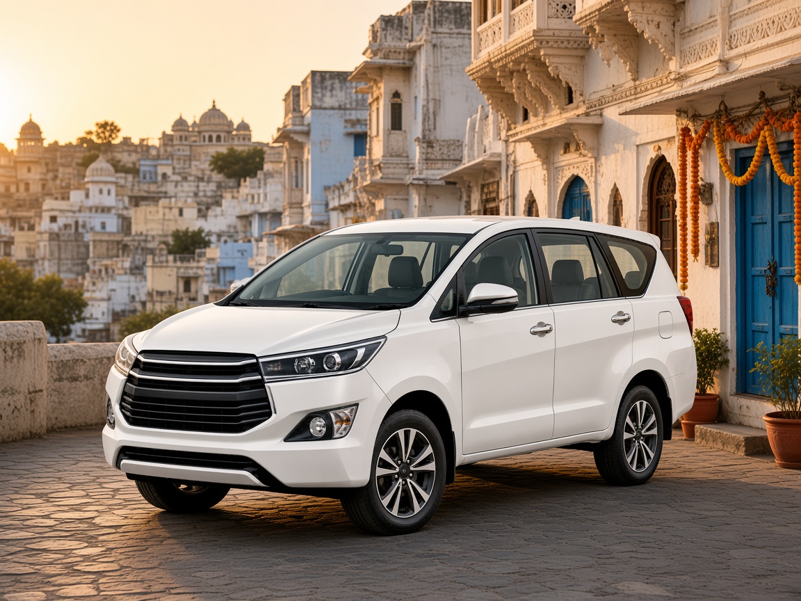 Udaipur Taxi Innova Crysta on a quiet old-city street beside a traditional haveli