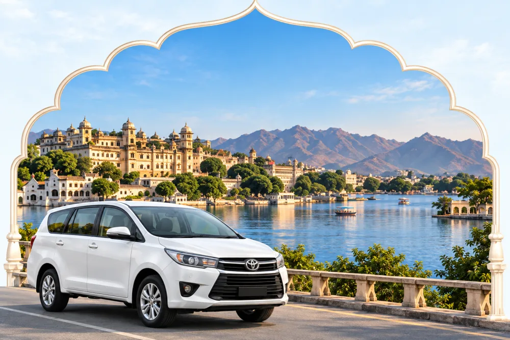 White Udaipur taxi in front of the City Palace and Lake Pichola